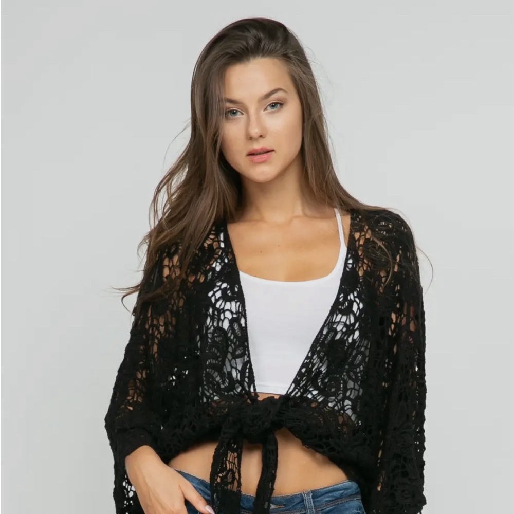 Black Crochet Kimono Wrap NWOT